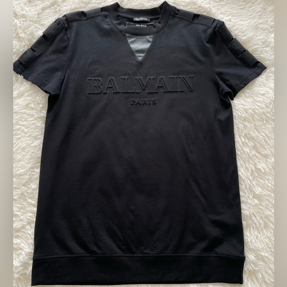 Balmain Black Short Sleeve Embossed Logo Tee
